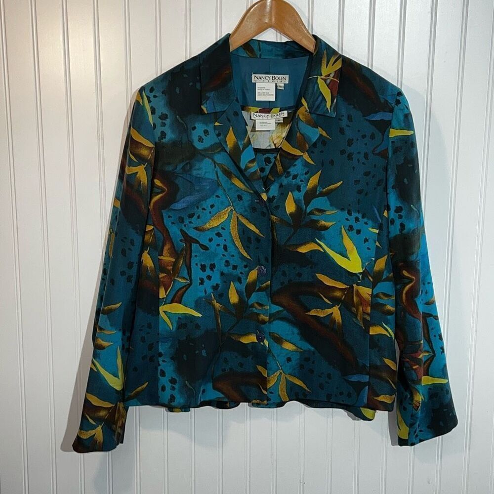 City Girl Nancy Bolen Silk Blazer Jacket Set Women's Medium Button Teal Lined